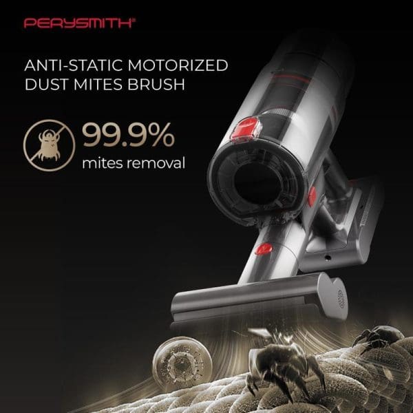 PerySmith Cordless Vacuum Cleaner Xtreme Series K3 Pro with anti-static motorized dust mites brush, featuring 99.9% mites removal capability on fabric surface.