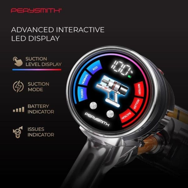 PerySmith Cordless Vacuum Cleaner K3 Pro featuring advanced interactive LED display showing suction levels, modes, battery indicator, and issues indicator on circular screen.