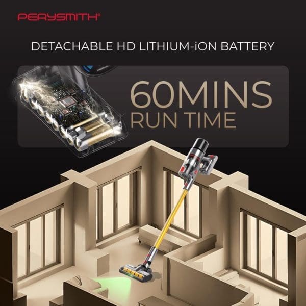 PerySmith cordless vacuum cleaner with detachable HD lithium-ion battery offering 60 minutes runtime, shown cleaning a cutaway house model with transparent battery display above.