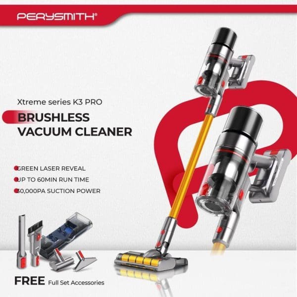 PerySmith Xtreme Series K3 Pro brushless vacuum cleaner with green laser reveal, 60-minute runtime, 30,000PA suction power, and free accessories set displayed.