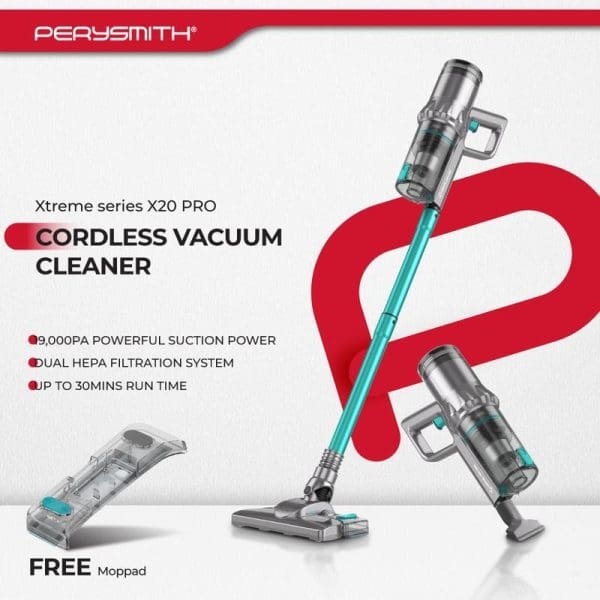 PerySmith Xtreme Series X20 Pro Cordless Vacuum Cleaner with 9,000PA suction power, dual HEPA filtration, 30-minute runtime, and free moppad attachment displayed on promotional background.