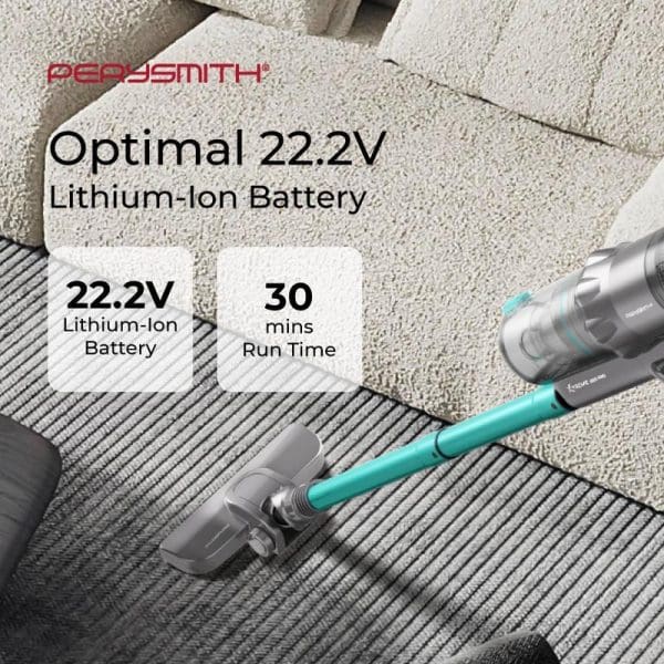 PerySmith Cordless Vacuum Cleaner Xtreme Series X20 Pro with 22.2V lithium-ion battery and 30 minutes runtime, shown cleaning tiled floor surface.