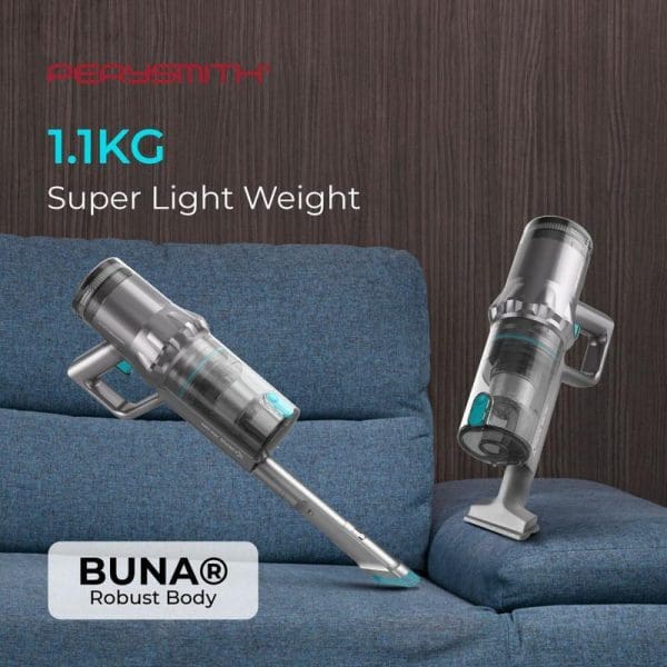 PerySmith Cordless Vacuum Cleaner X20 Pro with 1.1KG super light weight and BUNA robust body, shown cleaning blue sofa in two positions.