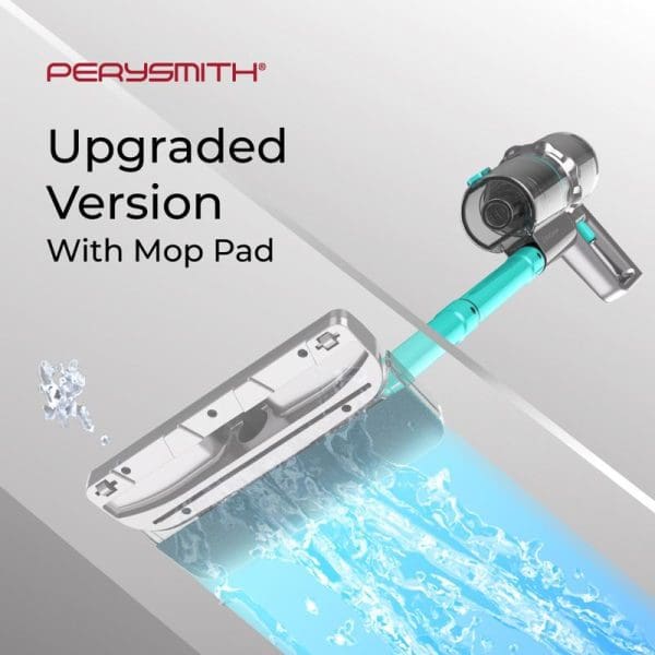 PerySmith X20 Pro cordless vacuum cleaner with upgraded mop pad attachment, showing wet cleaning capability with blue water and turquoise accents on gray background.