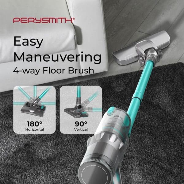 PerySmith Cordless Vacuum Cleaner Xtreme Series X20 Pro with 4-way easy maneuvering floor brush showing 180° horizontal and 90° vertical rotation capabilities on carpet.