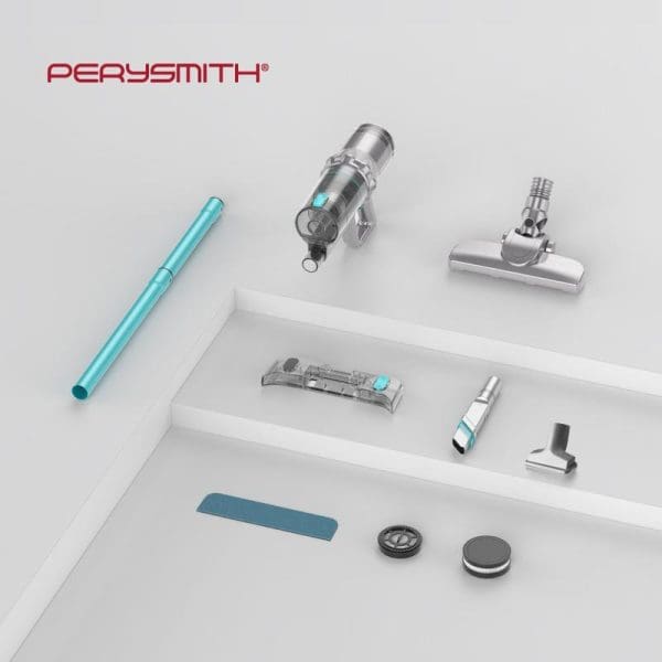 PerySmith Cordless Vacuum Cleaner Xtreme Series X20 Pro with various attachments and accessories displayed on white stepped platform background