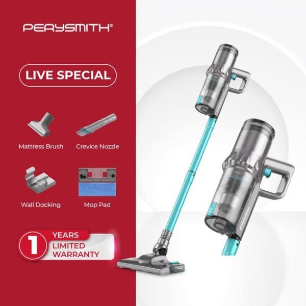PerySmith Cordless Vacuum Cleaner Xtreme Series X20 Pro with turquoise accents, including mattress brush, crevice nozzle, wall docking, mop pad, and 1-year limited warranty.