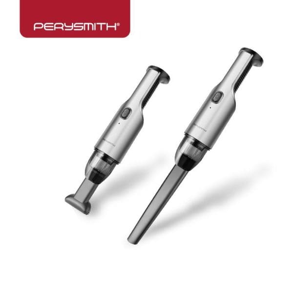PerySmith Cordless Vacuum Cleaner XTREME Series XS1 - two silver handheld vacuum units shown from different angles with black accents and detachable components on white background.