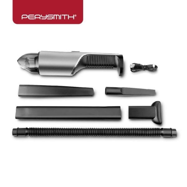 PerySmith XTREME Series XS1 cordless handheld vacuum cleaner with multiple attachments including crevice tool, brush nozzle, extension tube and charging cable displayed on white background.