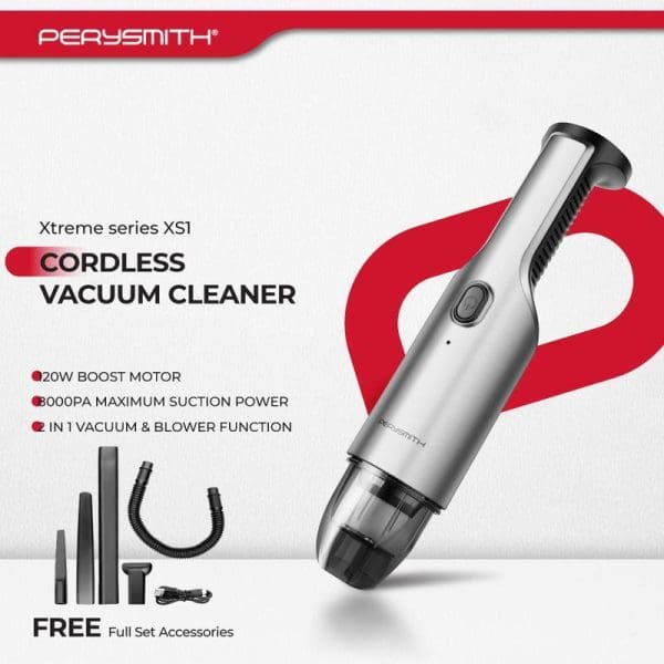 PerySmith Xtreme Series XS1 Cordless Vacuum Cleaner with 20W boost motor, 8000PA suction power, 2-in-1 vacuum and blower function, includes free accessories set.