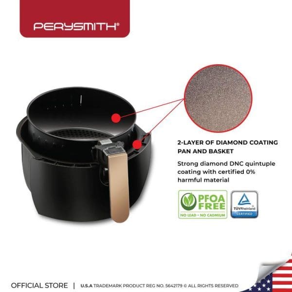 PerySmith Digital Air Fryer XL 4.8L PS1550 with 2-layer diamond coating, PFOA-free, showing black basket with detachable handle and coating detail.