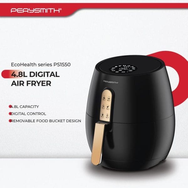 PerySmith EcoHealth PS1550 4.8L Digital Air Fryer in black with gold accents, featuring digital control panel and removable food bucket design.