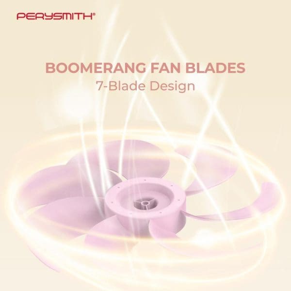 PerySmith boomerang fan blades with 7-blade design in pink/purple color, featuring curved aerodynamic blades arranged in circular pattern for optimal airflow performance.