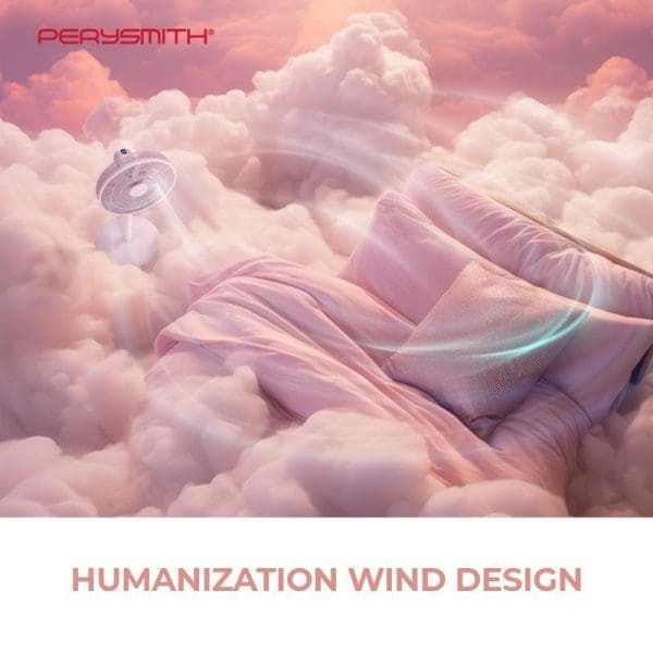 PerySmith SF350 digital stand fan floating on dreamy pink clouds with humanization wind design text, showcasing comfort and gentle airflow technology.