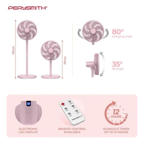 PerySmith SF350 Digital Stand Fan features adjustable height (70-110cm), 80° swinging angle, 35° tilt, LED display, remote control, and 12-hour timer in pink color.