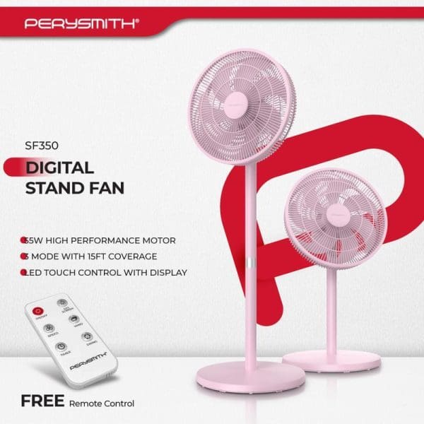 PerySmith SF350 Digital Stand Fan in pink with remote control, featuring 65W high performance motor, 6 modes with 15ft coverage, and LED touch control display.