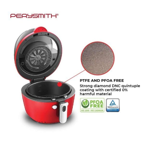 PerySmith red and black air fryer with open lid showing interior basket, highlighting PTFE and PFOA free diamond coating with certification logos displayed.