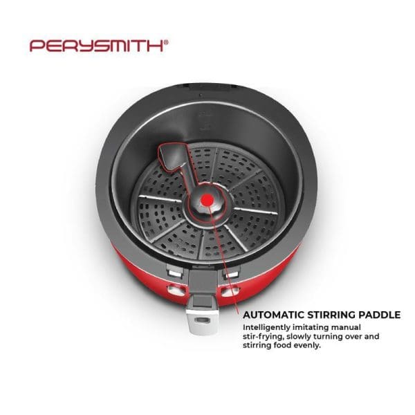 PerySmith Dual Speed Air Fryer 2XL 8.5L PS8000 with automatic stirring paddle feature, showing interior basket and red accents on white background.