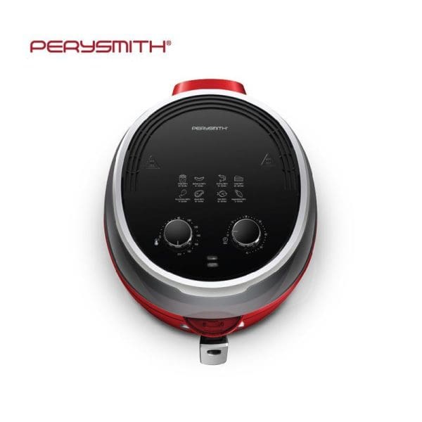 PerySmith Dual Speed Air Fryer 2XL Size Ecohealth II Series PS8000 with 8.5L capacity, featuring red and black design with dual control knobs and digital display panel.