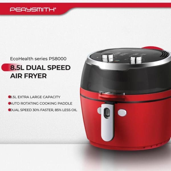 PerySmith EcoHealth PS8000 8.5L red and black dual speed air fryer with auto rotating paddle, featuring extra large capacity and oil-free cooking technology.