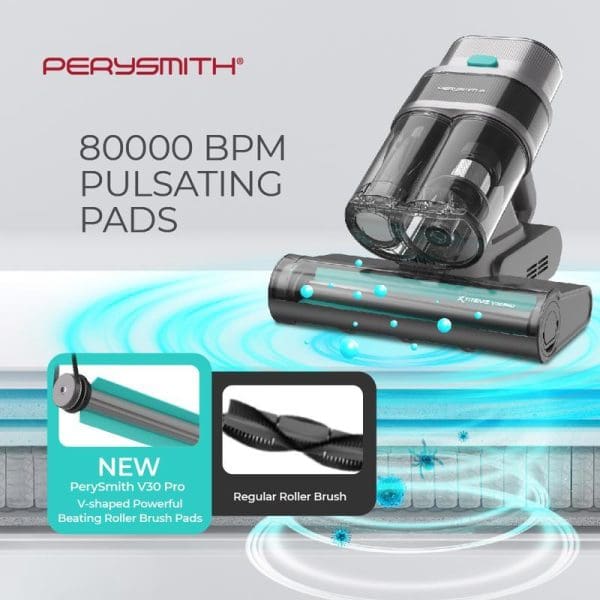 PerySmith V30 Pro vacuum cleaner with 80000 BPM pulsating pads, featuring new V-shaped powerful beating roller brush pads compared to regular roller brush.