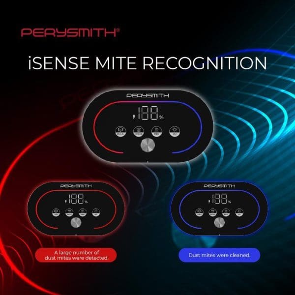 PerySmith iSense Mite Recognition dust mite vacuum cleaner displays showing 100% detection rate with red and blue LED indicators for mite detection and cleaning status.