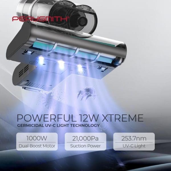 PerySmith V30 Pro vacuum cleaner with 12W UV-C germicidal light technology, featuring 1000W dual boost motor, 21,000Pa suction power, and 253.7nm UV-C light for dust mite elimination.