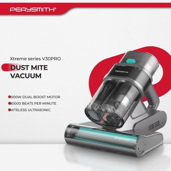 PerySmith Xtreme V30PRO dust mite vacuum cleaner with 1000W dual boost motor, 58000 beats per minute, miteless ultrasonic technology, and turquoise LED cleaning head attachment.
