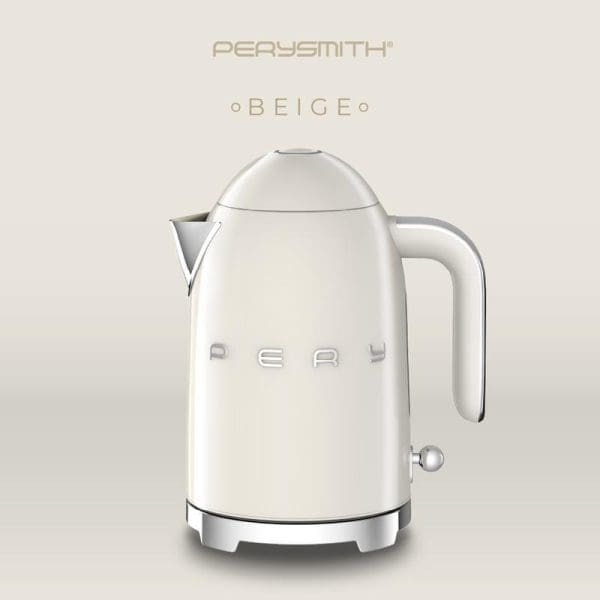 PerySmith KT1010 Retro Series Electric Kettle in beige color with chrome base and handle, featuring vintage design and brand logo on white background.