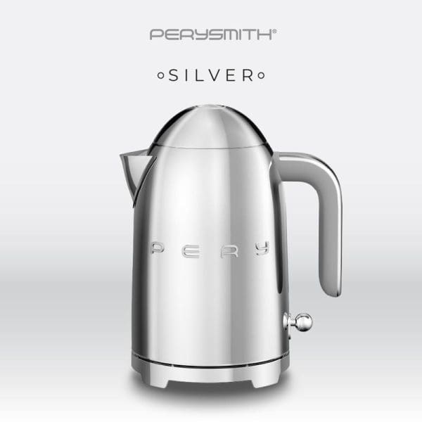 PerySmith KT1010 Retro Series Electric Kettle in silver stainless steel finish with ergonomic handle and modern design on white background