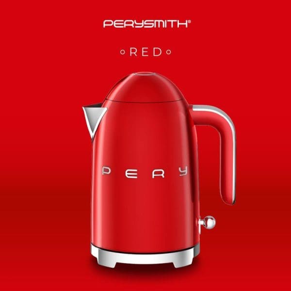 PerySmith KT1010 red electric kettle from Retro Series with chrome accents and spout, featuring PERY branding on glossy red body against matching red background.