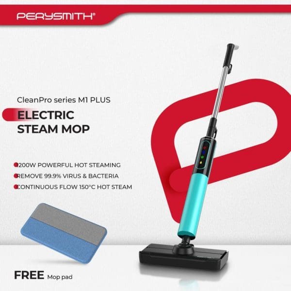 PerySmith CleanPro M1 Plus Electric Steam Mop with turquoise handle, 200W power, removes 99.9% virus and bacteria, includes free mop pad.