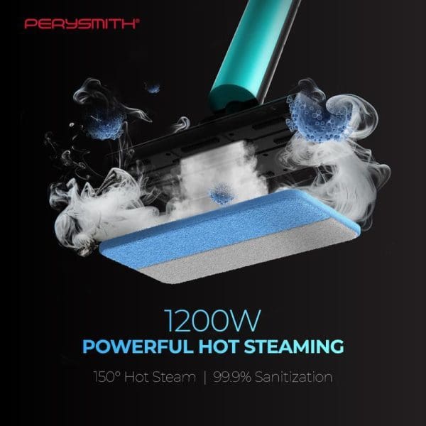 PerySmith Electric Steam Mop CleanPro Series M1 Plus with 1200W power, producing 150° hot steam for 99.9% sanitization, shown with steam effects.
