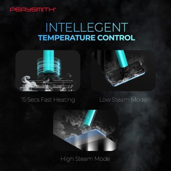 PerySmith Electric Steam Mop CleanPro Series M1 Plus featuring intelligent temperature control with 15-second fast heating, low steam mode, and high steam mode functions.