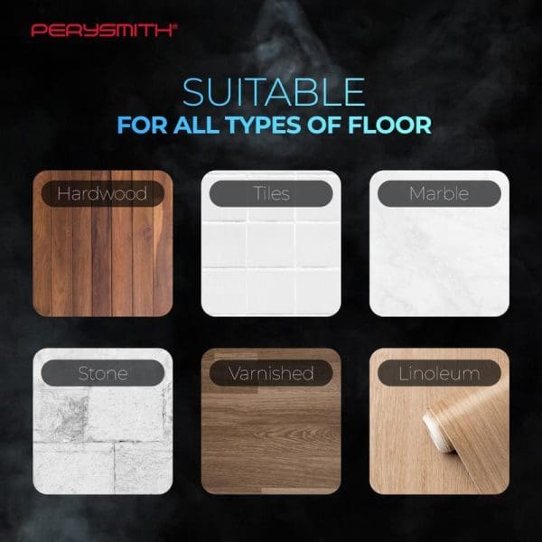 PerySmith Electric Steam Mop suitable for all floor types including hardwood, tiles, marble, stone, varnished wood, and linoleum surfaces with sample images.