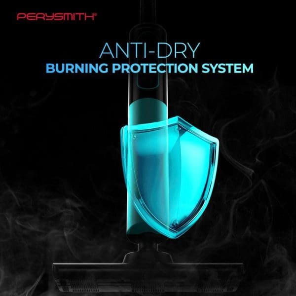 PerySmith Electric Steam Mop CleanPro Series M1 Plus with anti-dry burning protection system, featuring blue glowing shield icon on black background.