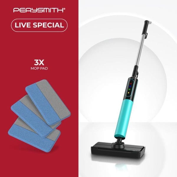 PerySmith Electric Steam Mop CleanPro Series M1 Plus in turquoise with telescopic handle, LED indicators, and 3 replacement mop pads on red promotional background.