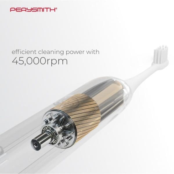 PerySmith iCare Series OX10 electric toothbrush with exposed motor showing 45,000 RPM efficient cleaning power and internal mechanical components.