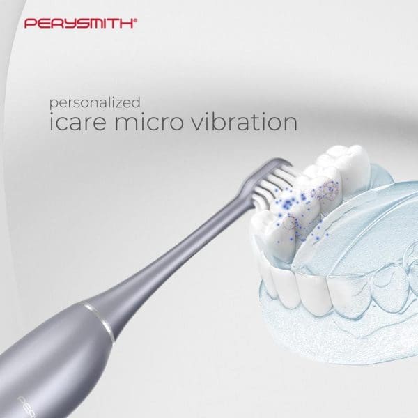 PerySmith iCare electric toothbrush with micro vibration technology showing bristles cleaning teeth model with blue particles illustrating personalized oral care action.