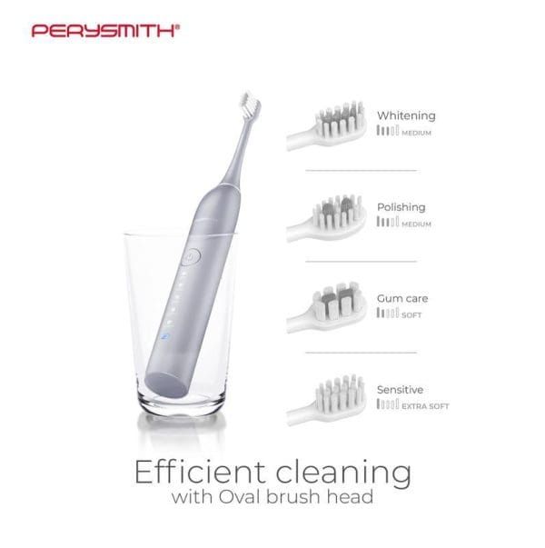 PerySmith Electric Toothbrush iCare Series OX10 in glass with four interchangeable brush heads: whitening, polishing, gum care, and sensitive for efficient oral cleaning.