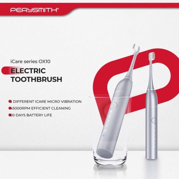 PerySmith iCare Series OX10 Electric Toothbrush featuring micro vibration technology, 50000RPM cleaning, 60-day battery life, displayed with two silver toothbrushes in glass.