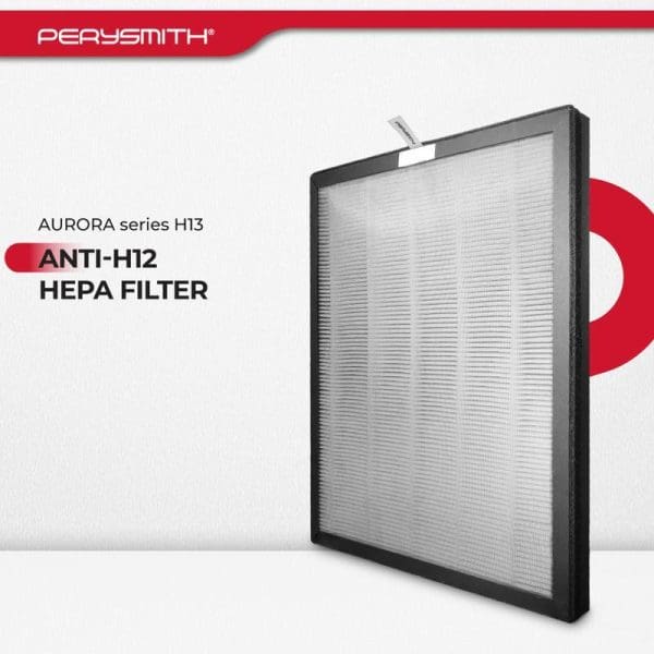 PerySmith AURORA series H13 Anti-H12 HEPA Filter for air purifier, white pleated filter in black frame displayed against white background with red branding.