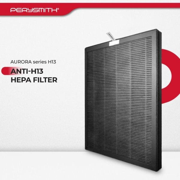 PerySmith AURORA series H13 Anti-H13 HEPA Filter for air purifier, rectangular black filter with fine mesh pattern against white background with red branding elements.