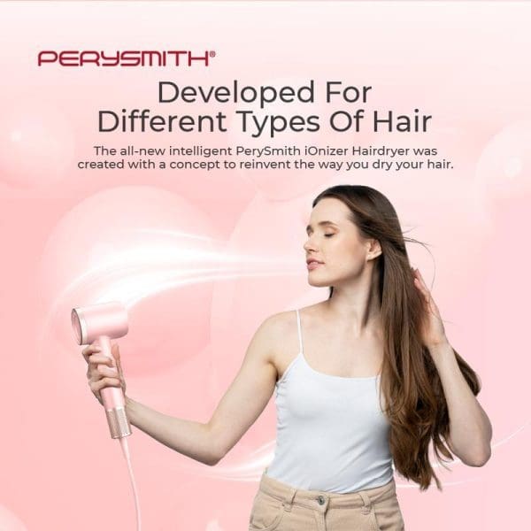 PerySmith iOnizer Hair Dryer advertisement showing woman with long brown hair using pink hair dryer, promoting intelligent technology for different hair types.