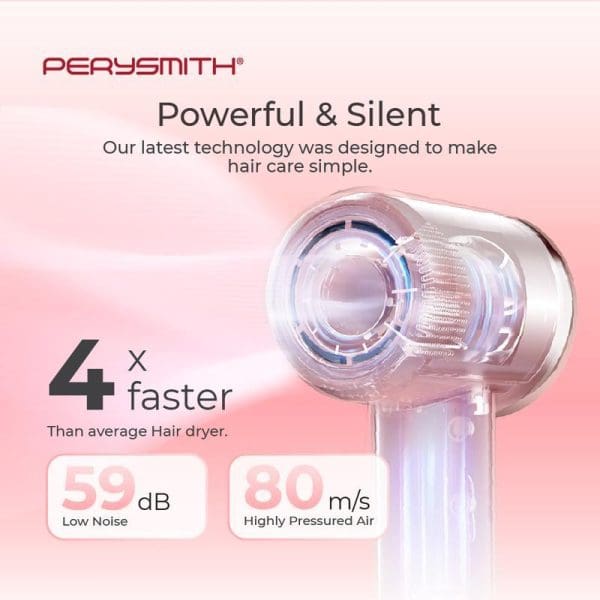 PerySmith Hair Dryer iOnizer Series iON10 - Powerful and silent technology, 4x faster than average dryers, 59dB low noise, 80m/s highly pressured air.