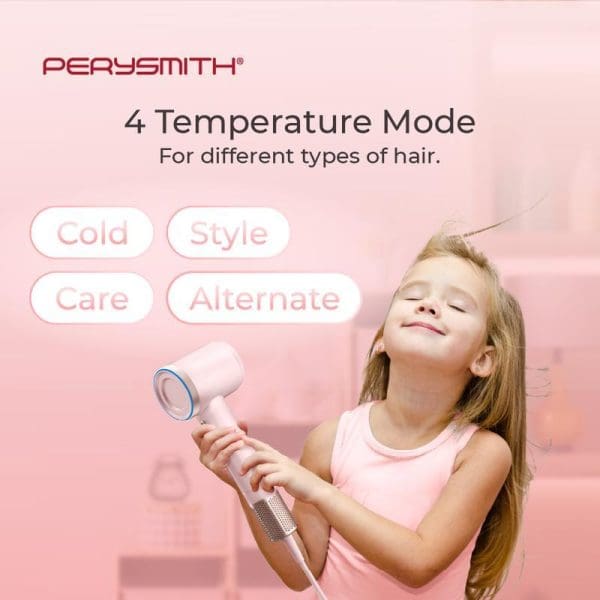 Young girl using pink PerySmith hair dryer with four temperature modes (Cold, Style, Care, Alternate) for different hair types on pink background.