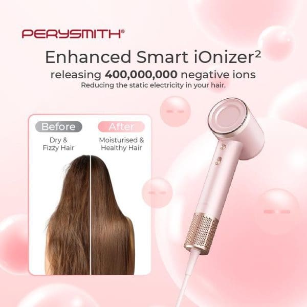 PerySmith Enhanced Smart iOnizer hair dryer releasing 400 million negative ions, showing before and after hair comparison from dry frizzy to moisturized healthy hair.