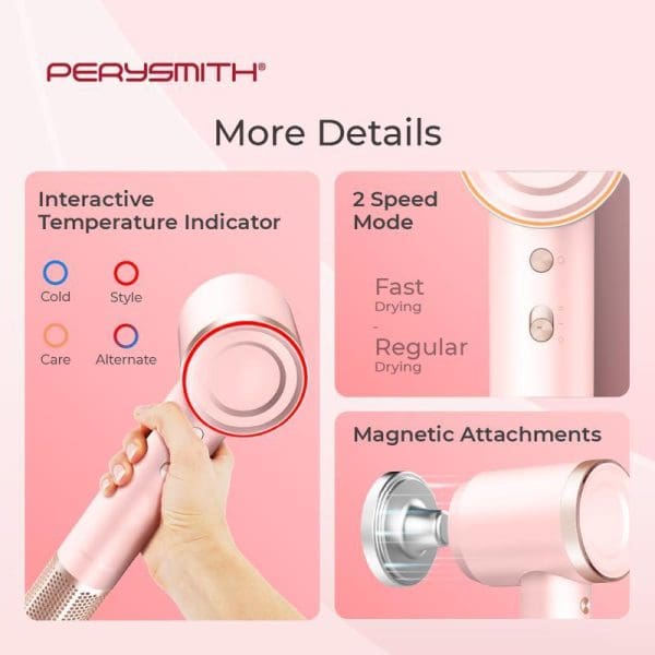 PerySmith Hair Dryer iOnizer Series iON10 features interactive temperature indicator, 2-speed modes, fast and regular drying settings, and magnetic attachments on pink background.