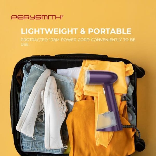 PerySmith PS200 handheld garment steamer with purple handle packed in suitcase with clothes, highlighting lightweight and portable design with retractable power cord.