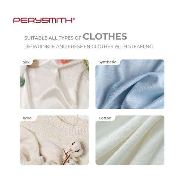 PerySmith handheld garment steamer suitable for all fabric types including silk, synthetic, wool, and cotton clothes with de-wrinkle and freshening steam capabilities.